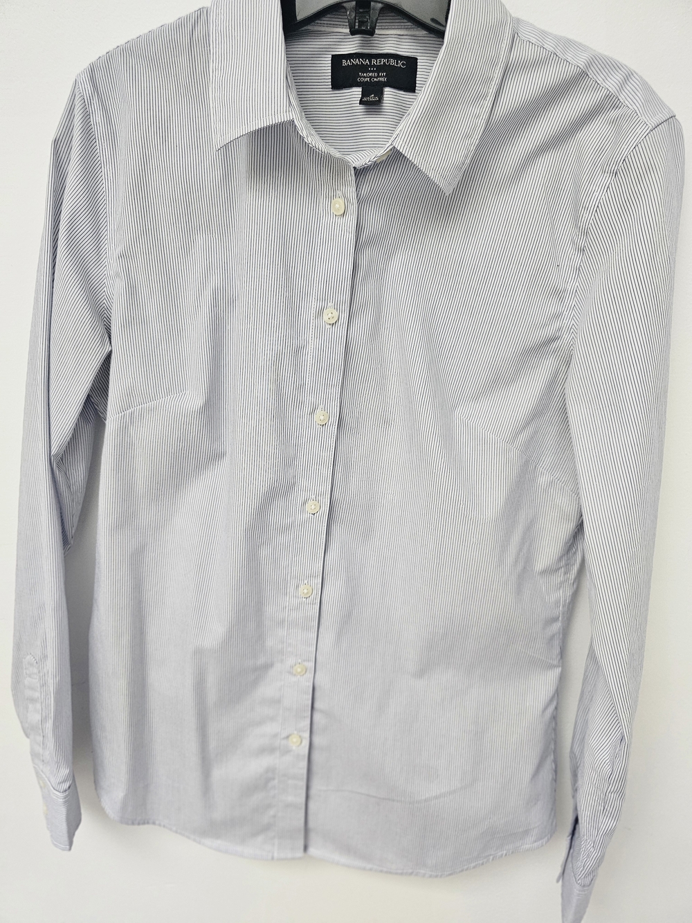 Banana Republic Women's Light Blue and White Pinstripe Dress Shirt